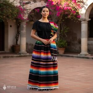 Traditional Mexican Sarape Dress Set, 3 Piece Outfit with Blouse, Skirt & Rebozo